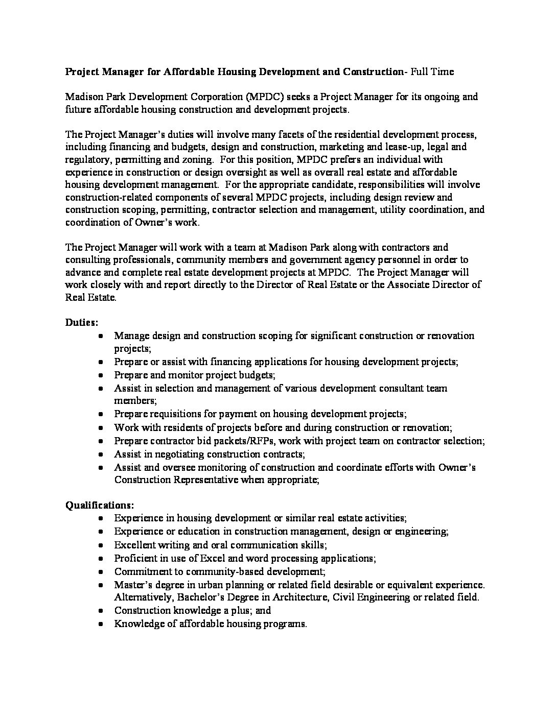 Project Manager for Affordable Housing Development and 